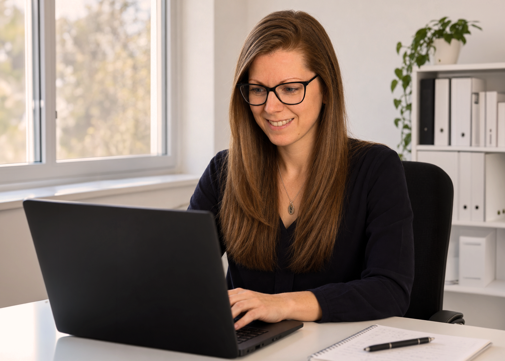 Vicki Junge bei der Social Media Betreuung am Laptop in einem hellen Büro mit Notizblock und Stift.