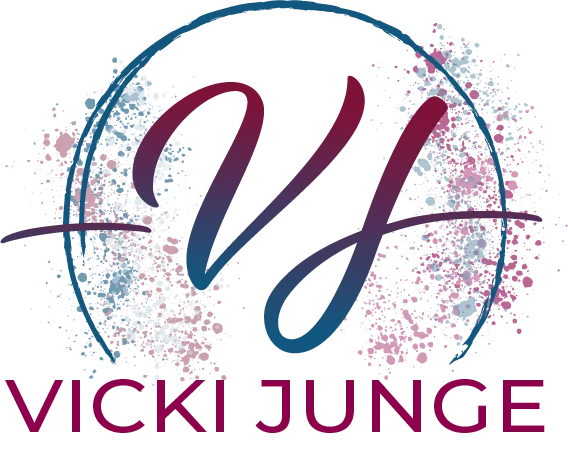 Logo von Vicki Junge mit geschwungenen Initialen „VJ“ in Blau und Beerentönen, umgeben von einem offenen Kreis und farbigen Sprenkeln.